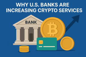 “U.S. bank with Bitcoin icons showing rise in crypto services.”