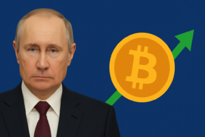 Alt text: Vladimir Putin with Bitcoin symbol representing Russia’s crypto stance