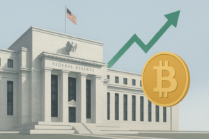 ultra-realistic illustration of the u.s federal reserve building in washing dc. shown in neutral blue and gray tones and a bitcoin logo placed minimally to suggest crypto market impact