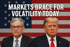 Jerome Powell and Donald Trump shown in front of the US flag as markets brace for volatility following Federal Reserve action and major economic events.