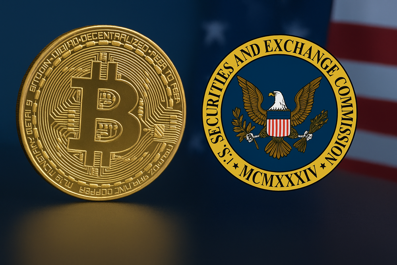 Bitcoin displayed next to the U.S. Securities and Exchange Commission seal against an American flag background during a crypto regulation roundtable.
