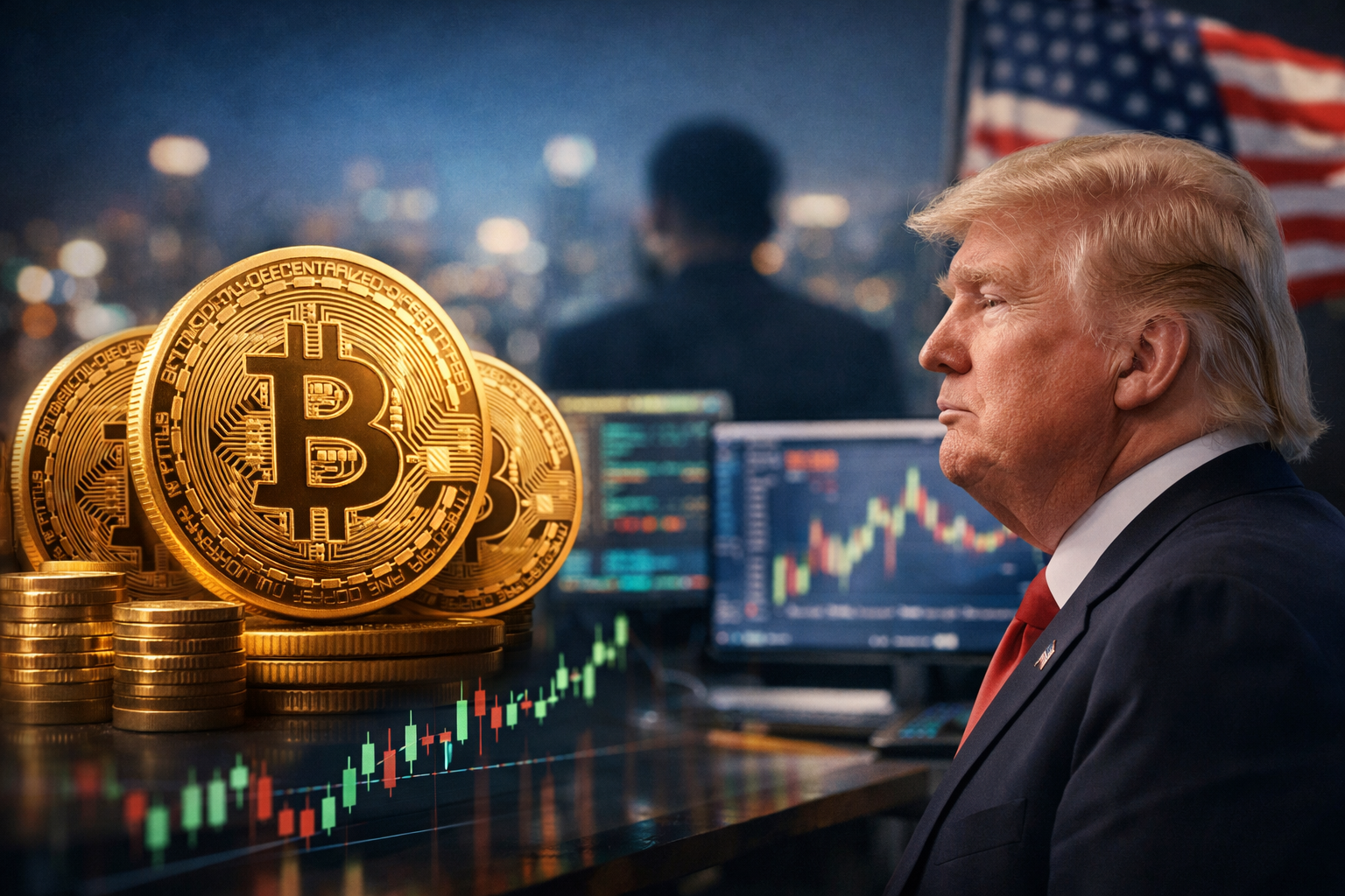 Bitcoin tokens and market charts alongside Donald Trump ahead of a closely watched speech, symbolizing increased whale activity and market speculation.