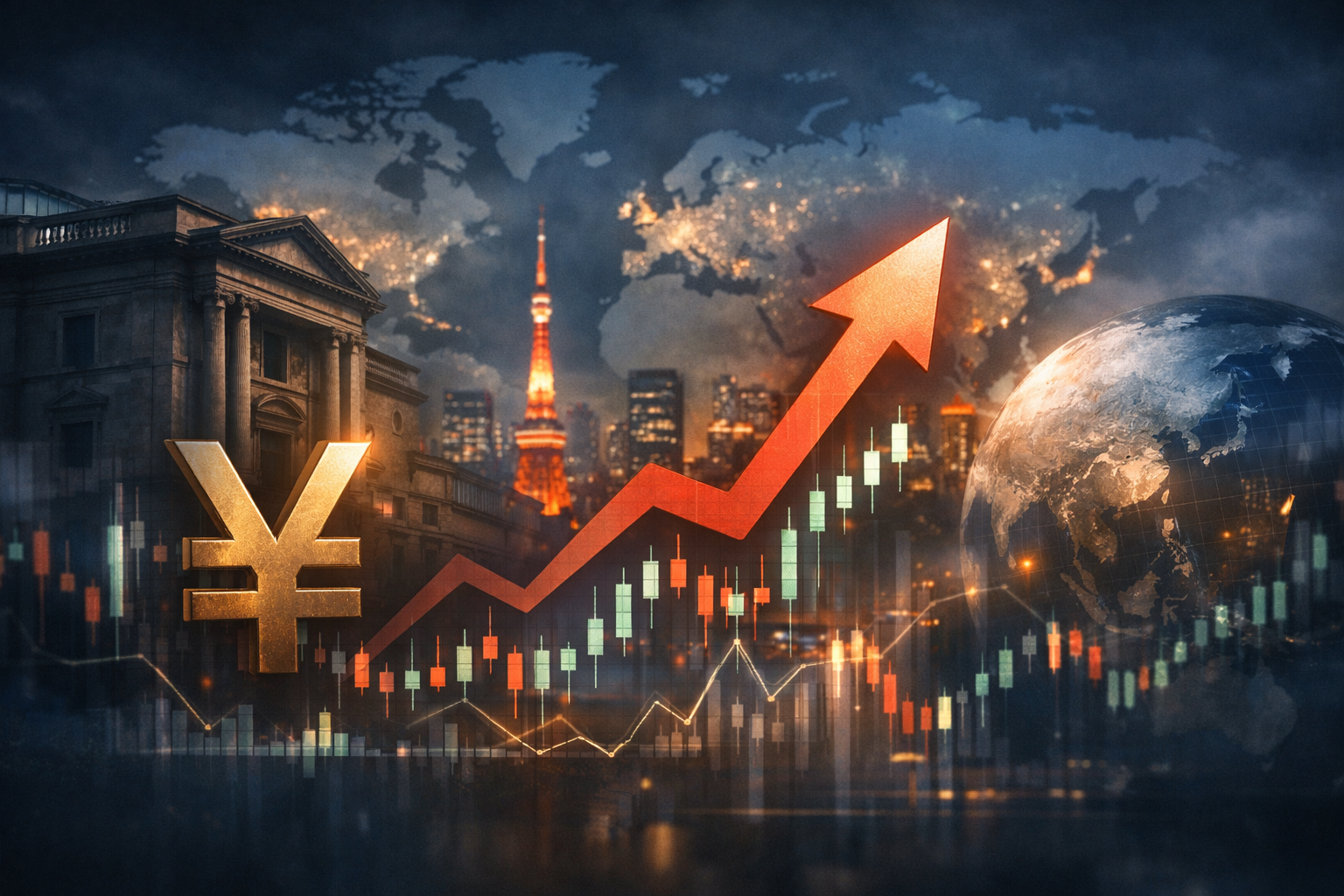 Japan’s Policy Shift: How a 0.75% BoJ Rate Hike Could Rock Global Markets Global financial markets react to a Bank of Japan interest rate hike, with yen symbols, market charts, and the Bank of Japan building in a cinematic news-style illustration.