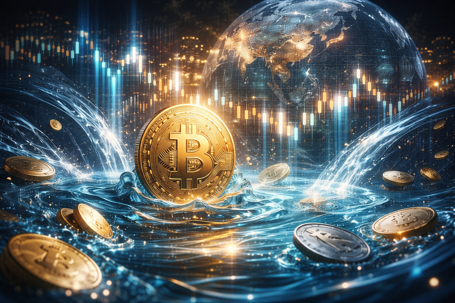 Crypto Liquidity Explained: Why It Matters for Bitcoin Prices Crypto liquidity illustrated through Bitcoin surrounded by flowing digital assets and global market data, representing capital movement across global financial markets.
