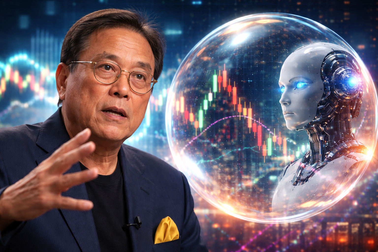 Is There an AI Bubble? Robert Kiyosaki Shares His Market Crash Concerns Robert Kiyosaki discussing artificial intelligence risks as digital market charts and AI imagery reflect concerns about a potential AI bubble.