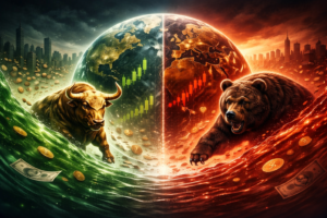 Abstract illustration showing global market liquidity shifts with a split globe, bullish and bearish market forces, and contrasting financial momentum.