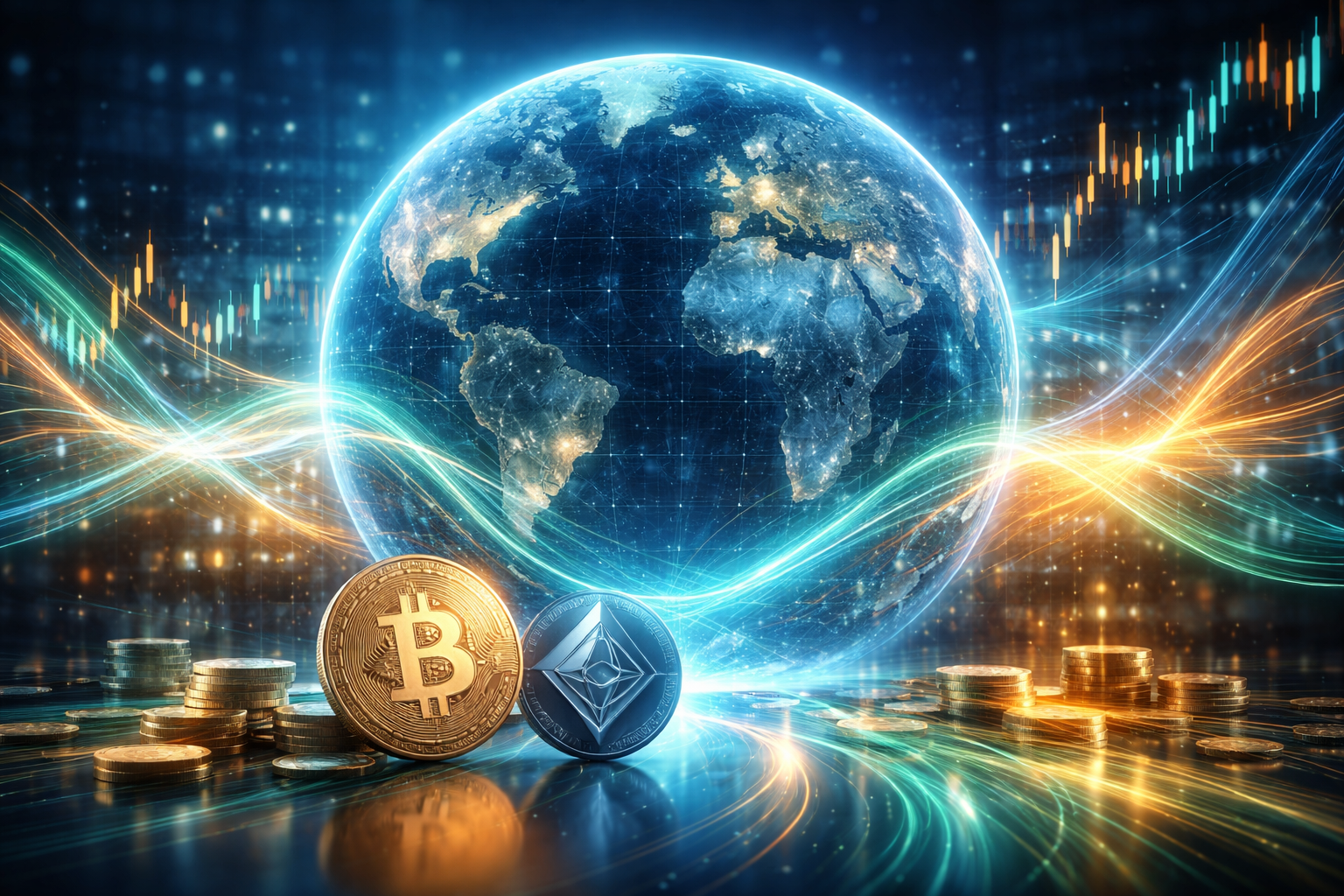 Global Liquidity Is Quietly Turning — Why Crypto Markets Are Paying Attention Digital illustration showing global liquidity flows connecting world markets with Bitcoin and Ethereum in the foreground