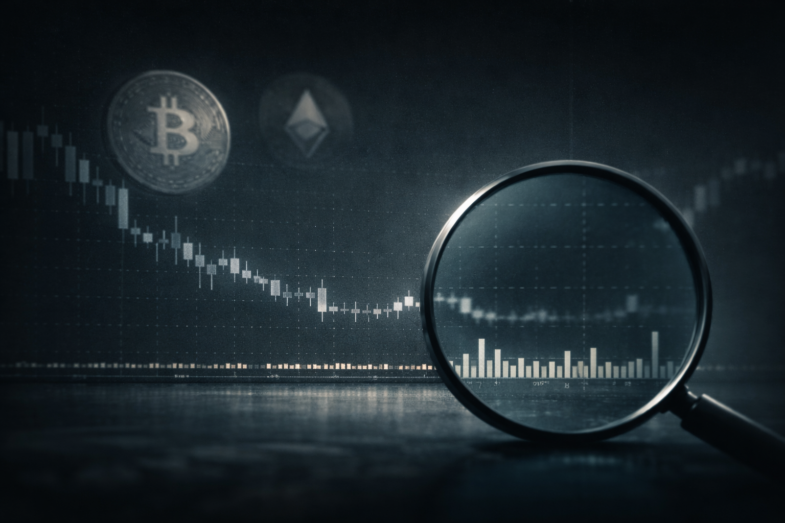 Crypto Volume Is Drying Up — Why That Often Comes Before Big Moves A quiet cryptocurrency market scene showing low trading volume on price charts with subtle Bitcoin and Ethereum symbols in the background.