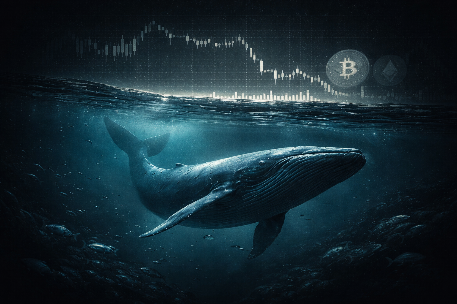 Whale Behavior During Quiet Crypto Markets — What Big Players Do When No One Is Watching A large whale moving calmly beneath the ocean surface with faint crypto price charts above, symbolizing whale behavior during quiet crypto markets.