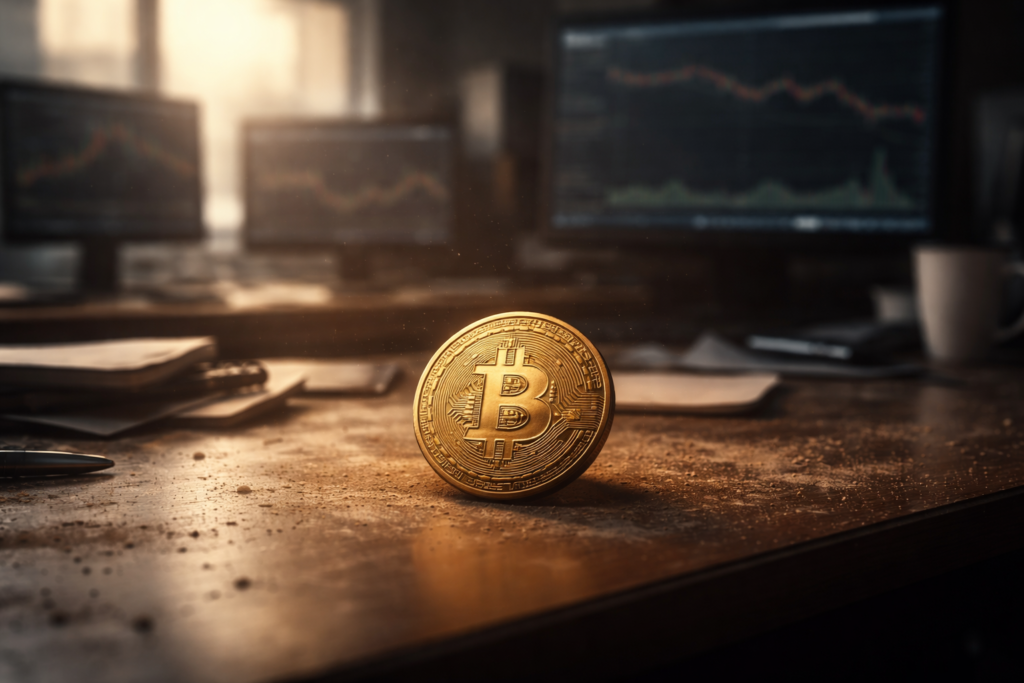 Close-up of a Bitcoin coin on a desk with blurred trading screens in the background, symbolizing quiet crypto market conditions.