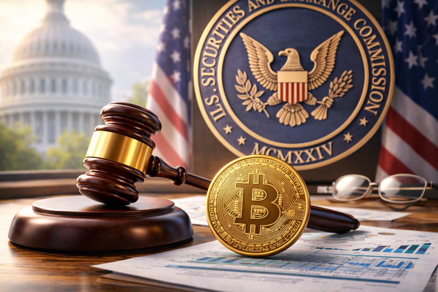 Bitcoin placed beside a judge’s gavel with a blurred institutional background, symbolizing evolving crypto regulation
