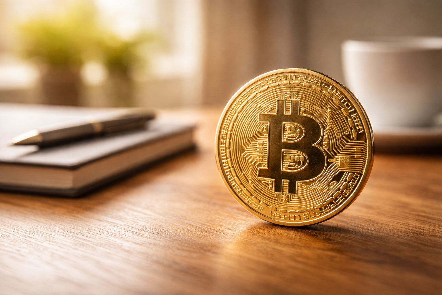 Physical Bitcoin coin on a clean desk with soft natural lighting, representing Bitcoin’s reaction to U.S. jobs data and macroeconomic trends