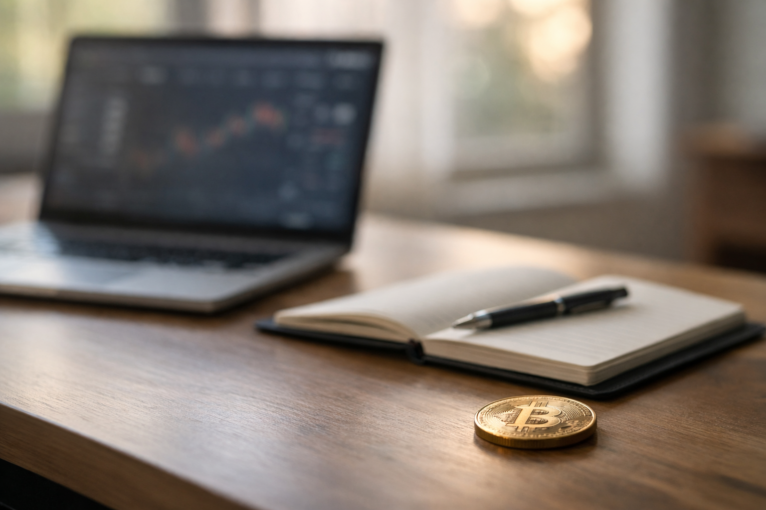 Modern financial workspace with a laptop, notebook, and a physical Bitcoin coin, representing macroeconomic analysis and Bitcoin’s relationship with monetary policy.