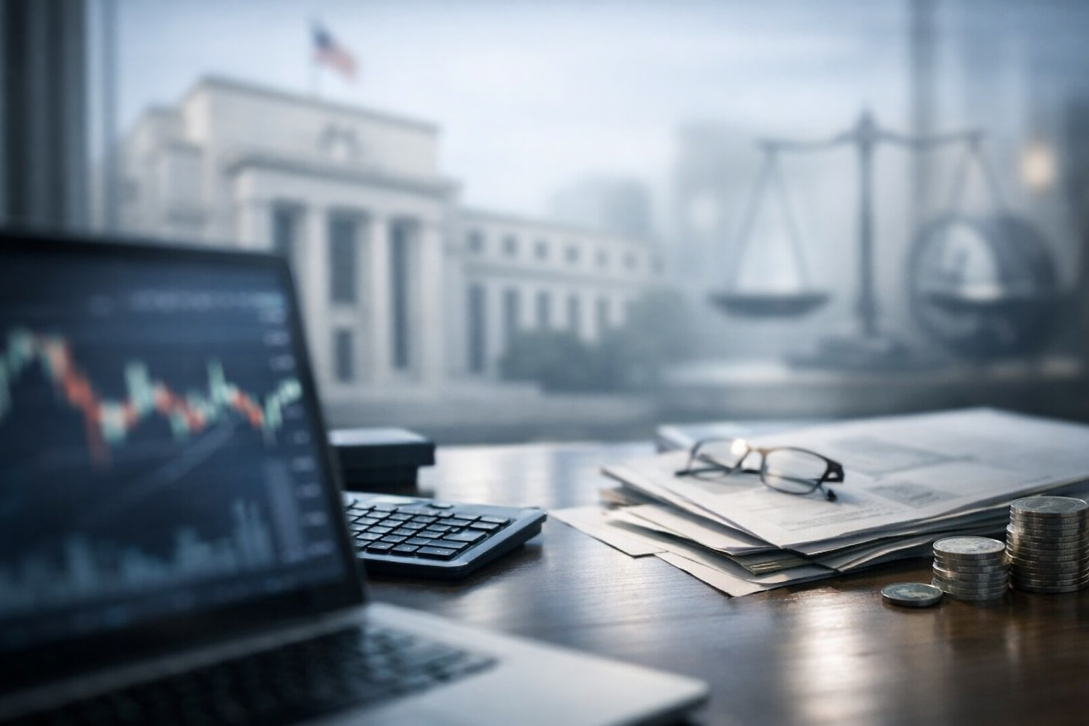 A blurred trading desk with abstract market charts on a laptop and a soft-focus Federal Reserve building in the background, representing financial markets reacting to macroeconomic data.