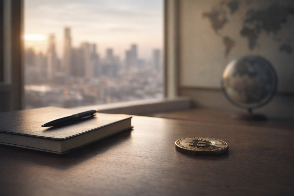 How Money Supply (M2) and Liquidity Cycles Drive Bitcoin’s Long-Term Trends A clean financial workspace at dawn with a Bitcoin coin on a desk, overlooking a blurred global city skyline, representing global liquidity and macroeconomic trends.
