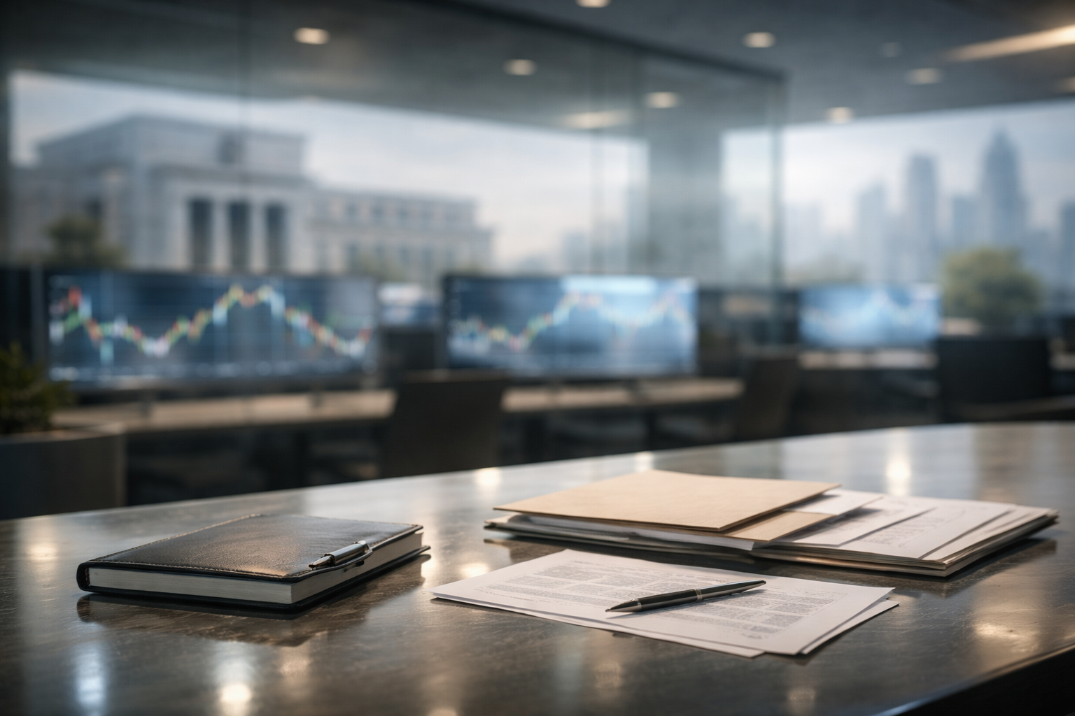 Wide institutional financial environment with economic reports on a table, blurred market screens, and faint Federal Reserve and city skyline shapes in the background, representing markets reacting to weak economic data.