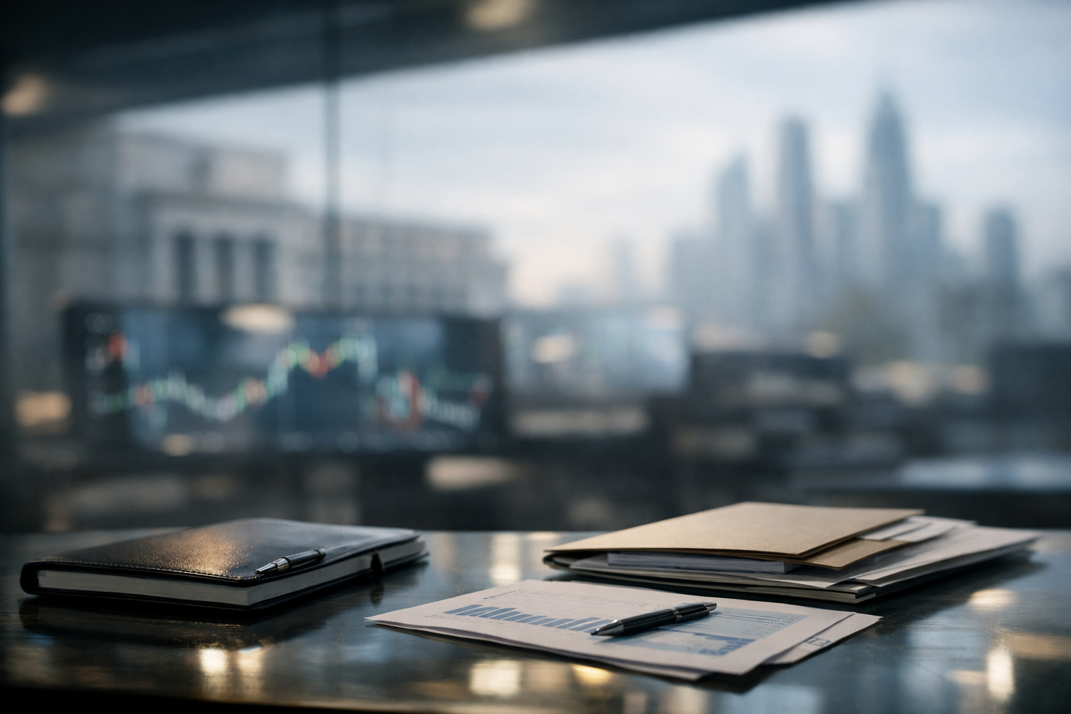 Photorealistic modern financial workspace with a polished desk, closed notebook with pen, stacked folders, and blurred screens showing abstract market movements, with an out-of-focus Federal Reserve building and city skyline in the background.