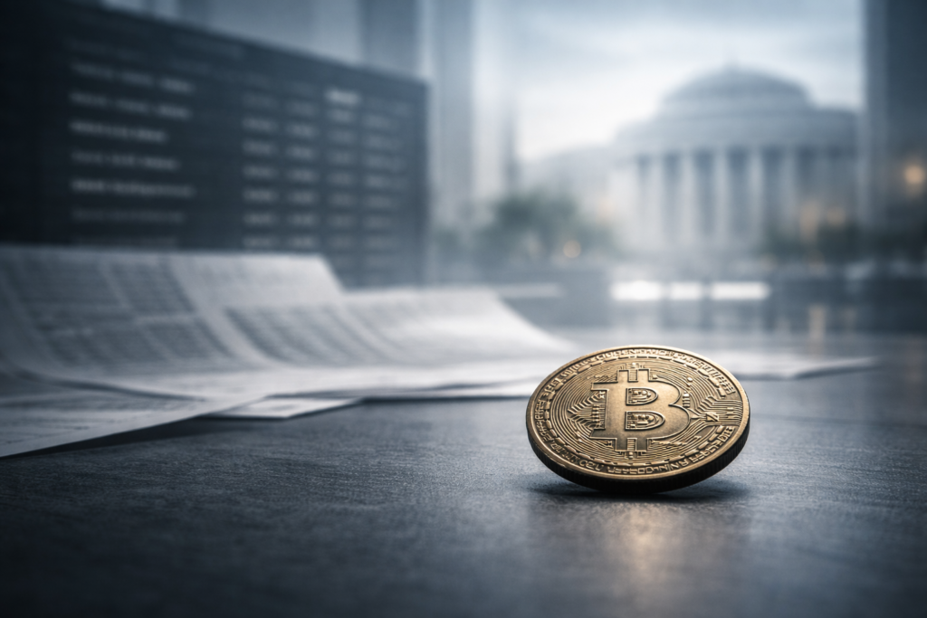 Bitcoin shown in the foreground with blurred macroeconomic data and a central bank backdrop, illustrating how global economic forces influence Bitcoin prices.