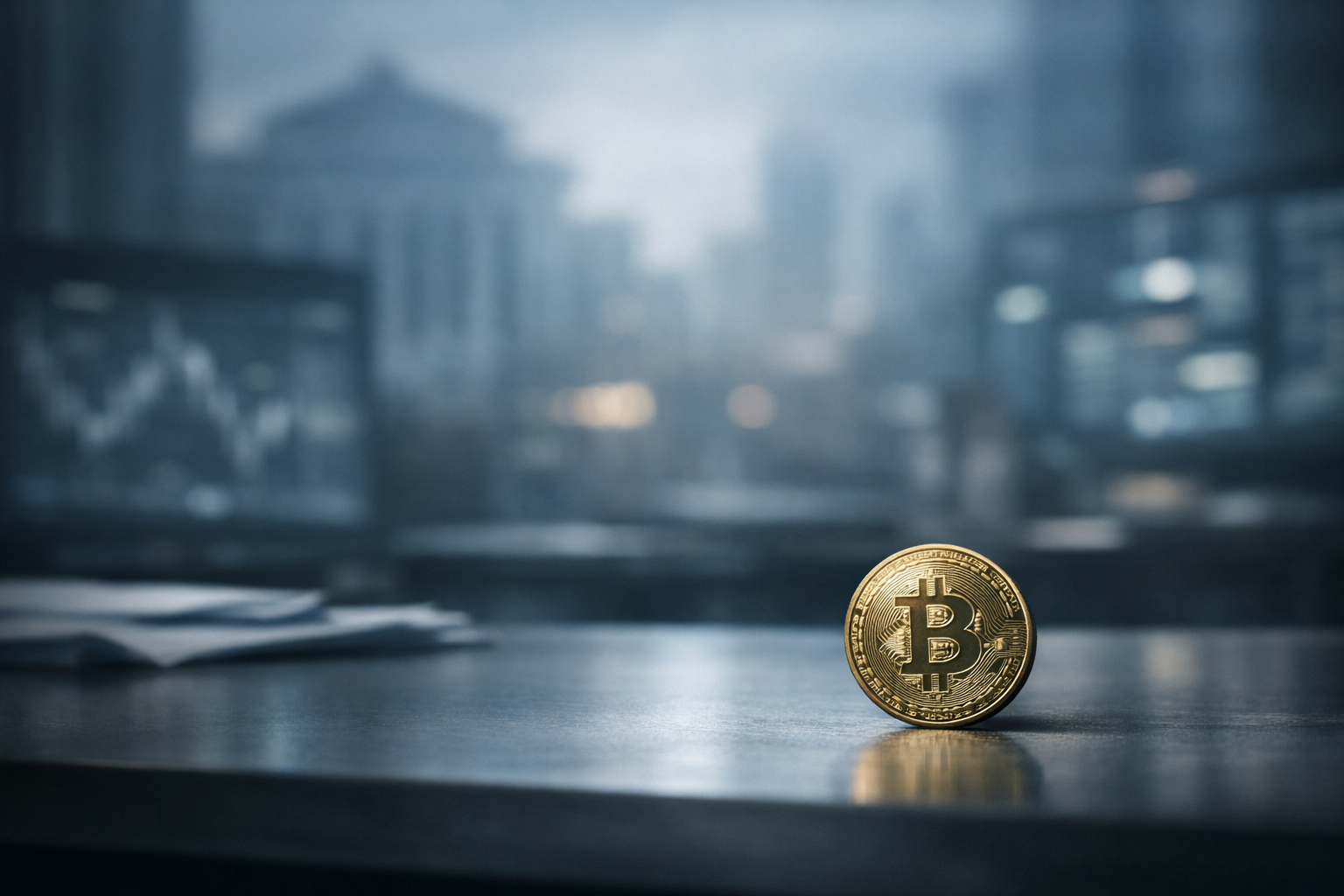 Bitcoin positioned against a blurred institutional financial background, symbolizing its connection to global risk sentiment and macroeconomic uncertainty.