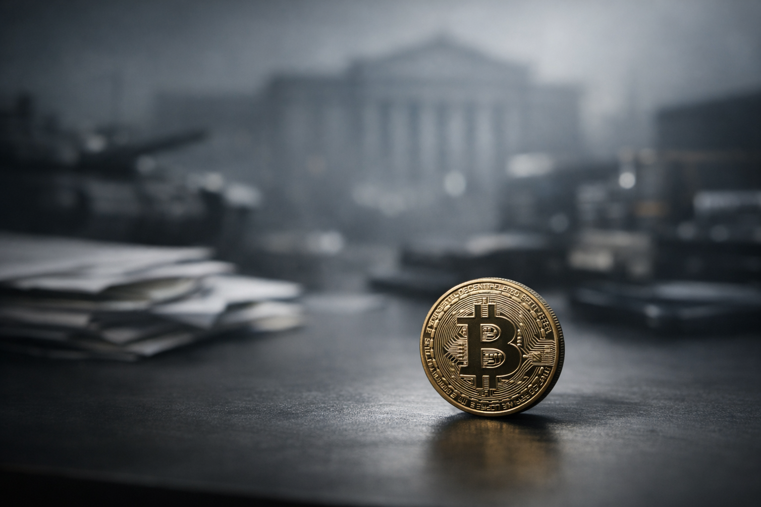 A single physical Bitcoin coin on a dark, matte institutional surface, surrounded by softly blurred macroeconomic elements representing global financial stress and uncertainty, with a faint central banking silhouette in the background.