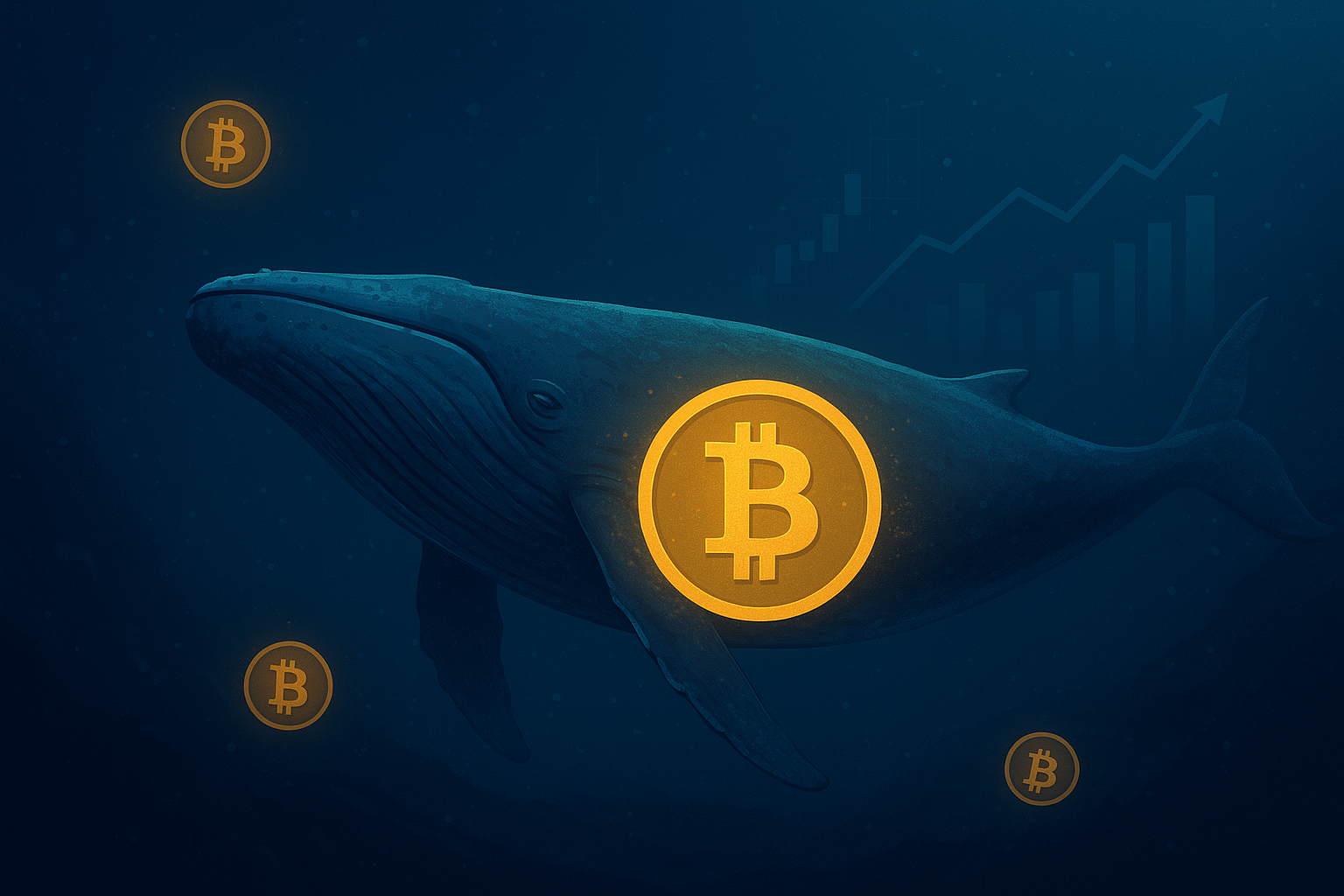 A large glowing Bitcoin whale emerging from deep ocean waters with digital blockchain symbols and chart lines, representing an inactive bitcoin whale returning to the market.