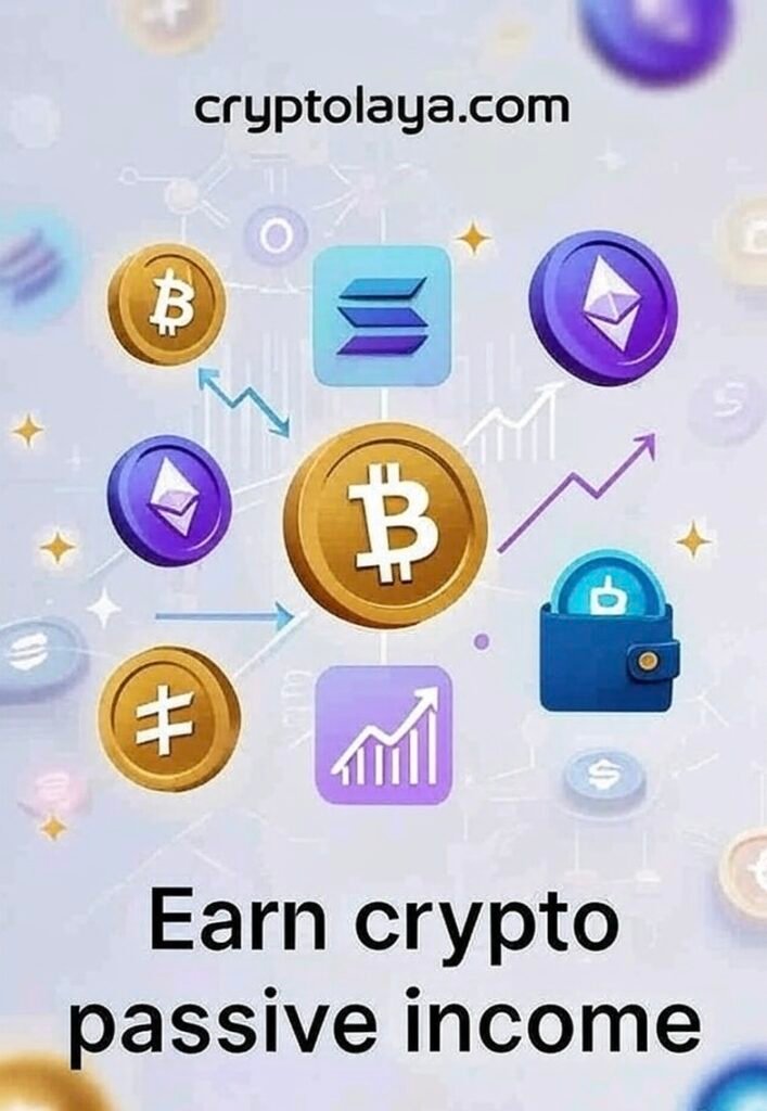 A modern, clean digital illustration showing floating cryptocurrency coins like Bitcoin, Ethereum, and Solana generating passive income through charts, earnings arrows, and glowing wallet icons. The background features soft gradients and futuristic blockchain elements, representing the concept of crypto passive income.