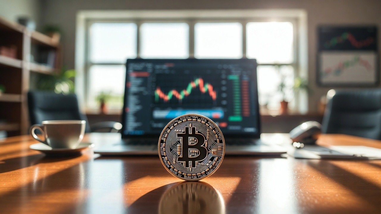 Close-up of a metallic Bitcoin coin on a polished desk with a blurred laptop and coffee cup in the background, illuminated by soft natural sunlight, representing global liquidity and macro-finance.