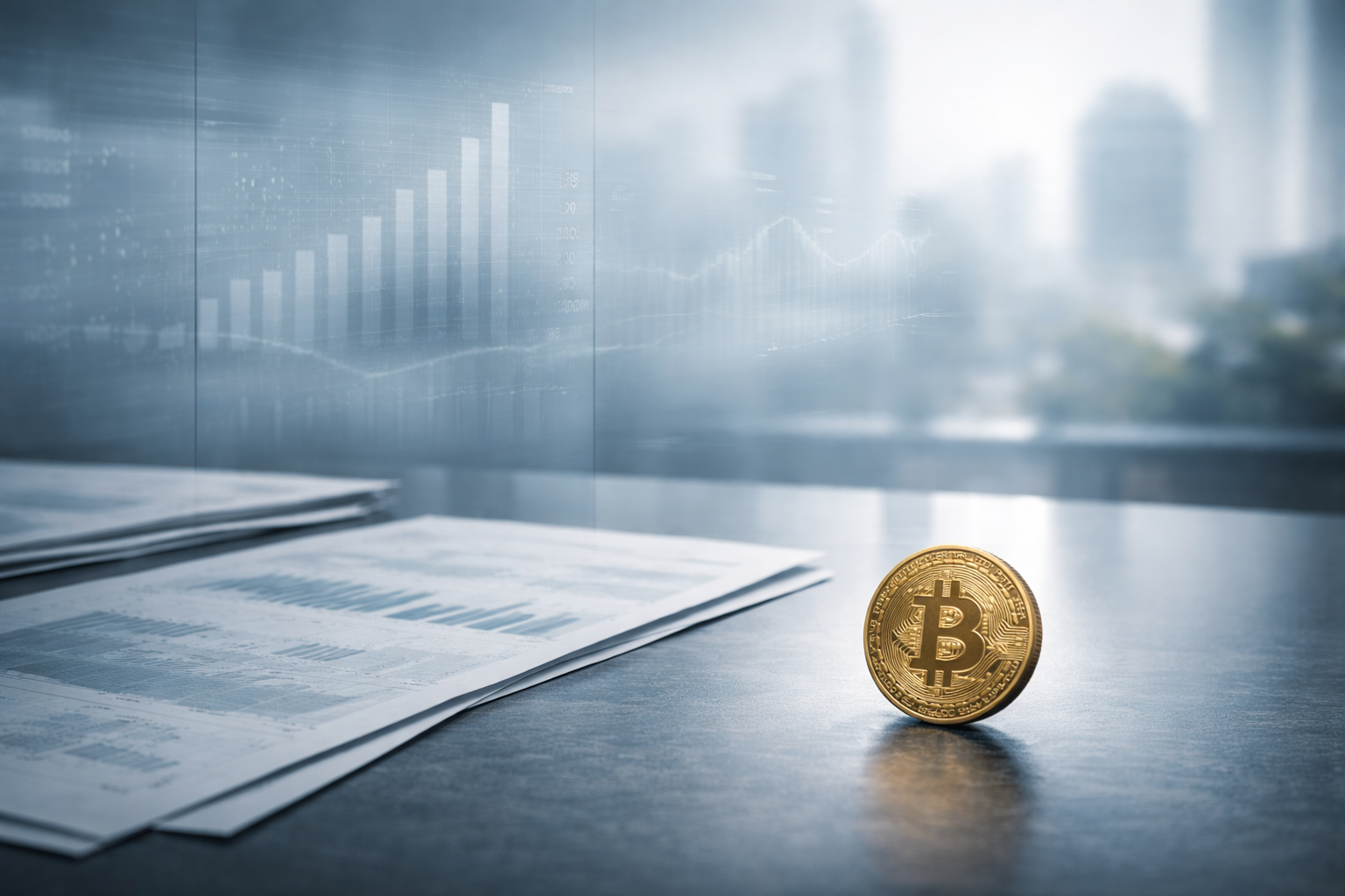 A physical Bitcoin coin on an institutional desk with blurred macroeconomic data and policy documents in the background, symbolizing how macroeconomic signals shape crypto markets heading into 2026.