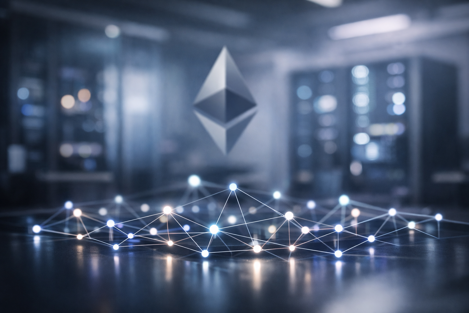 Photorealistic Ethereum network infrastructure with interconnected validator nodes glowing softly in a calm, institutional digital environment.