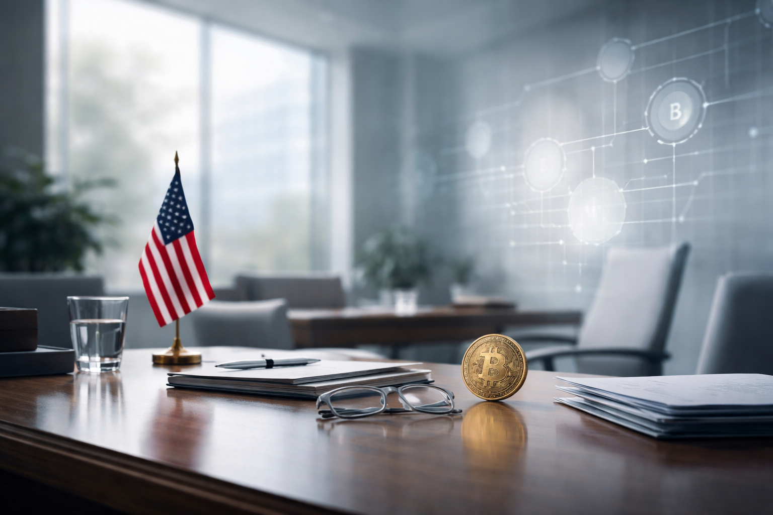 Photorealistic U.S. regulatory office scene with a subtle SEC reference and abstract blockchain elements in a calm, institutional environment.