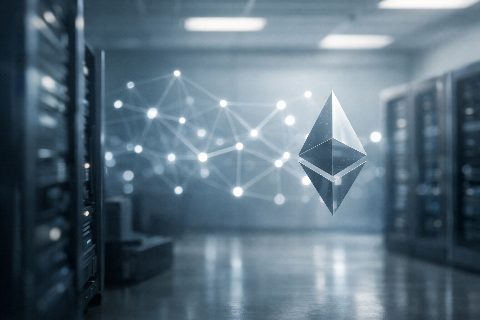 Editorial image showing institutional Ethereum staking infrastructure with abstract validator nodes in a calm, professional digital environment.
