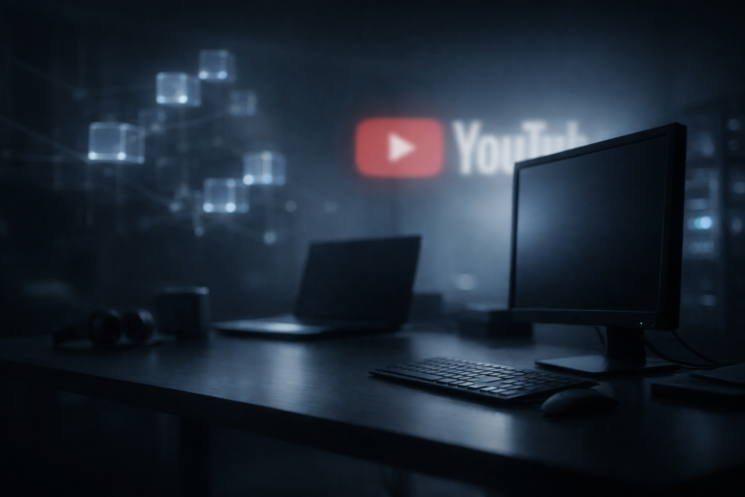 Crypto YouTube viewership decline represented by a quiet digital media environment with muted lighting and abstract blockchain elements