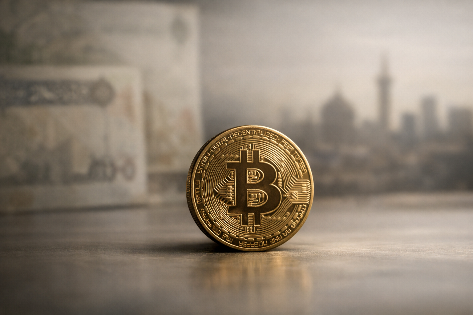 Photorealistic Bitcoin coin on a neutral surface with soft-focused Iranian economic background, symbolizing Bitcoin as a store of value amid rial decline.