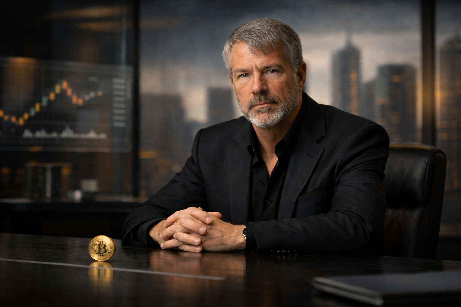 Michael Saylor seated at a modern boardroom table with a Bitcoin coin in the foreground, symbolizing institutional adoption of Bitcoin by global banks.