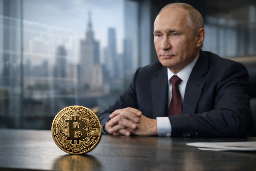 Russian President Vladimir Putin seated in a professional financial setting with a physical Bitcoin coin in the foreground, symbolizing Russia’s move toward legal crypto adoption.