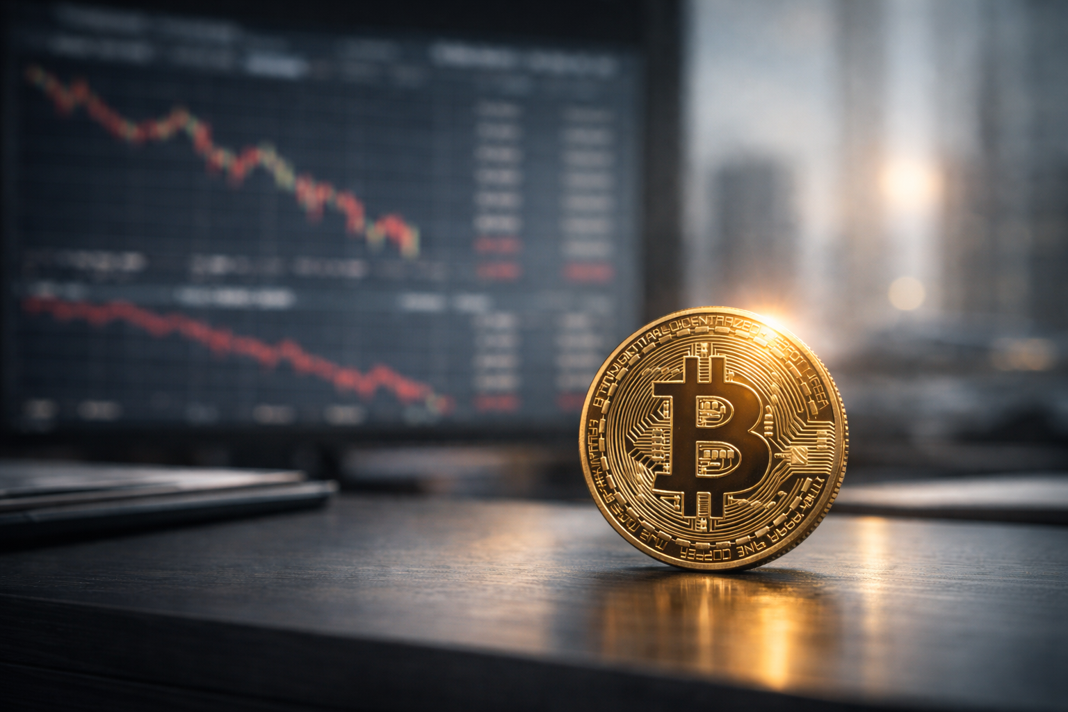 Physical Bitcoin coin highlighted on a professional desk with blurred U.S. stock market charts in the background, symbolizing capital rotation from stocks to crypto.