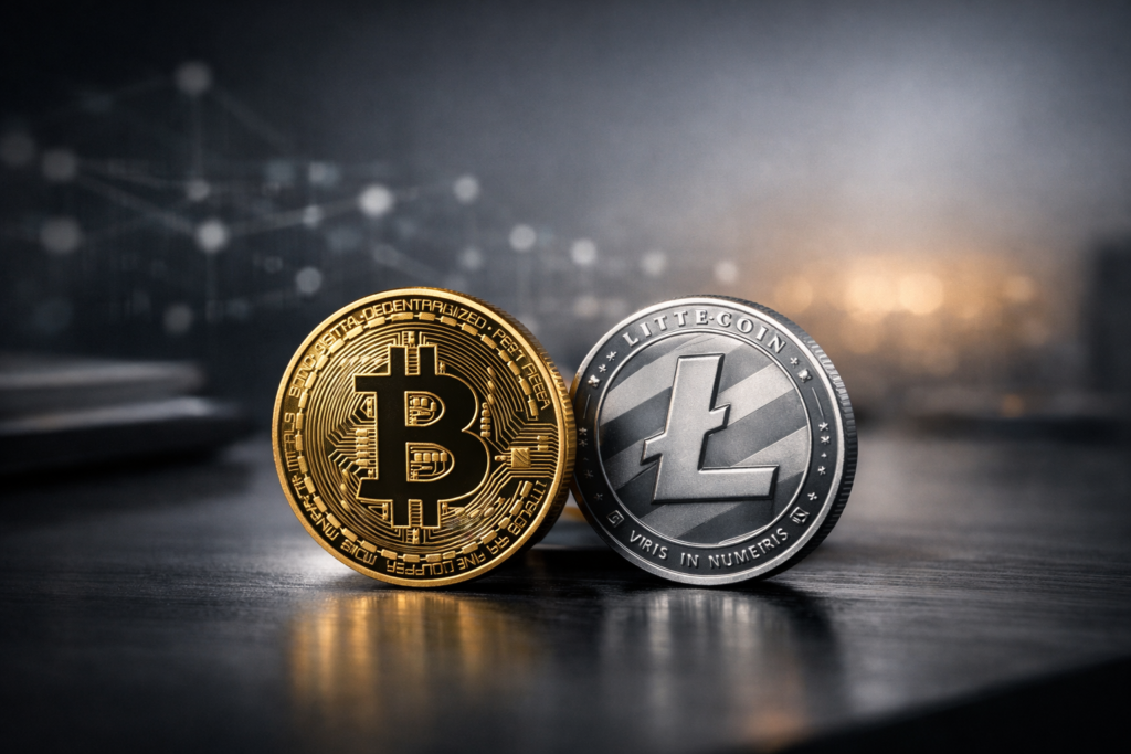 Photorealistic image of Bitcoin and Litecoin coins on a professional desk with blurred abstract blockchain elements suggesting a large crypto theft and cross-chain laundering.