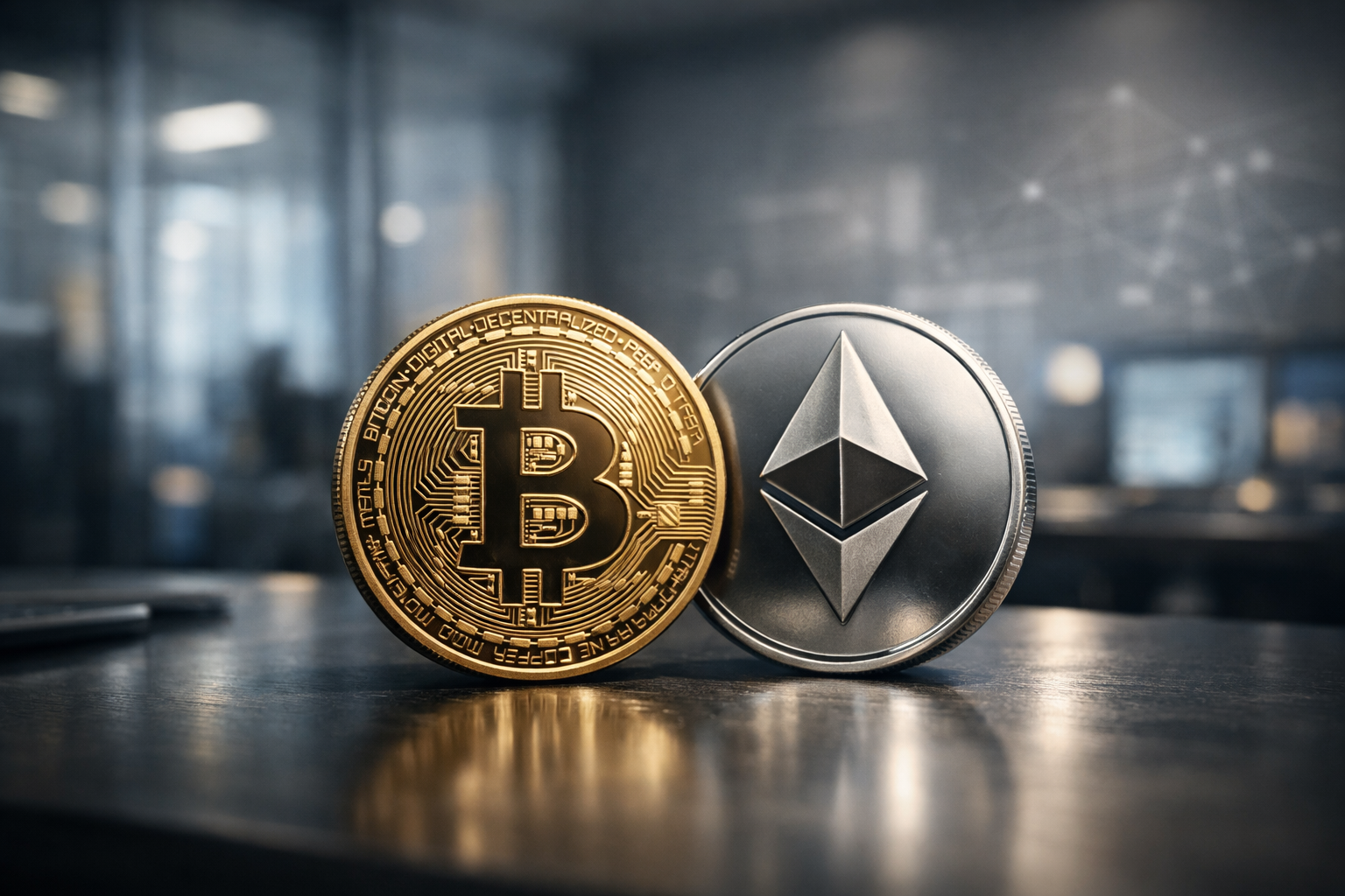Physical Bitcoin and Ethereum coins displayed on a professional desk in a modern financial workspace, symbolizing institutional crypto ETF inflows.