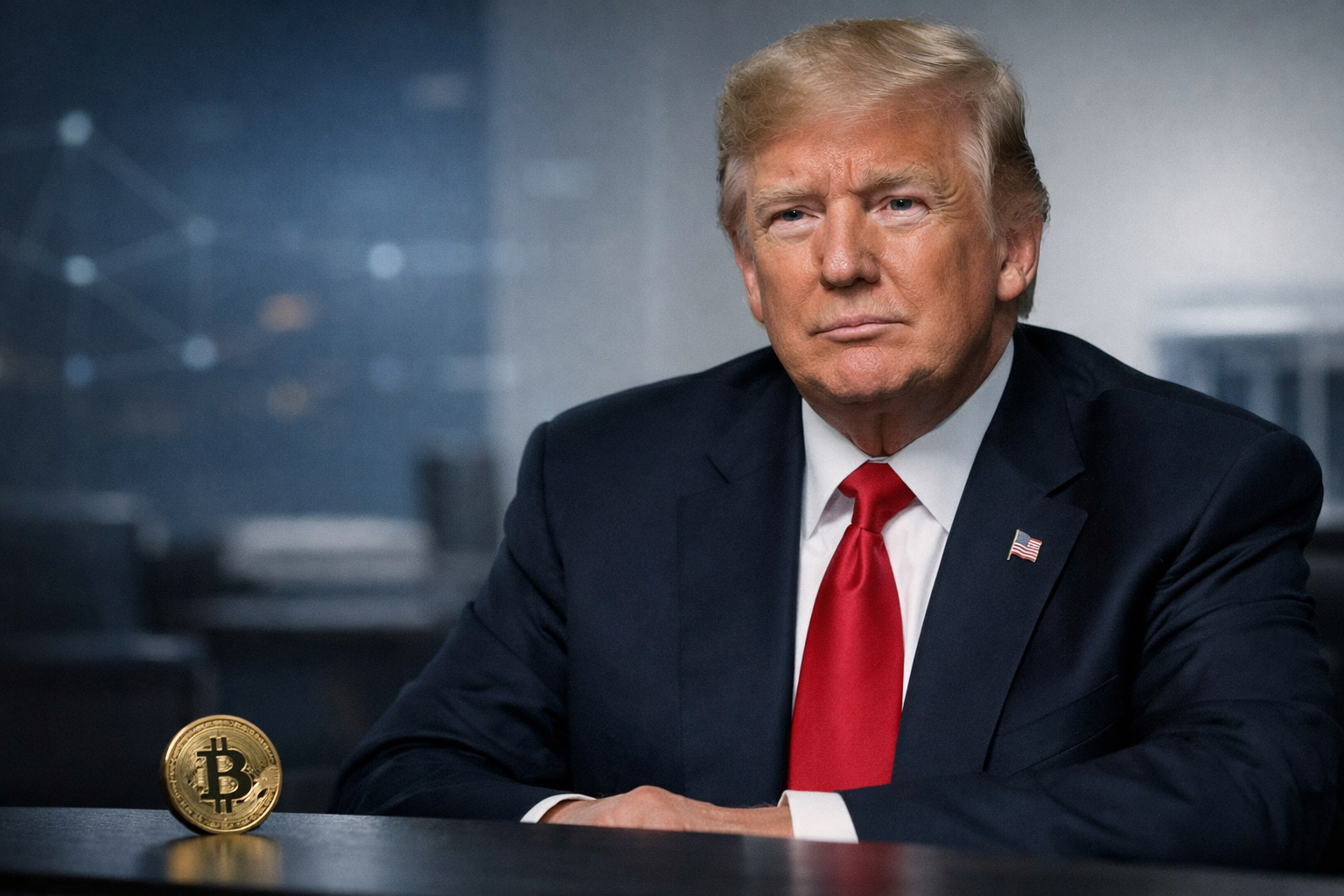 Donald Trump in a formal policy setting with a Bitcoin coin in the foreground, representing the proposed Trump Bitcoin tax plan.