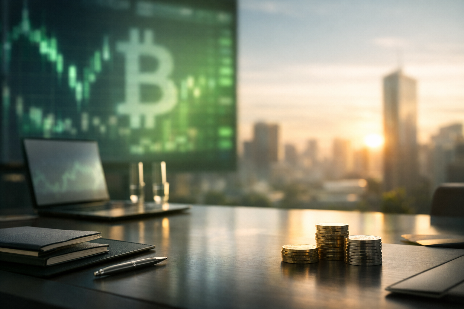 Photorealistic financial workspace with a subtle Bitcoin symbol and soft green lighting, symbolizing optimism and stability in the crypto market.