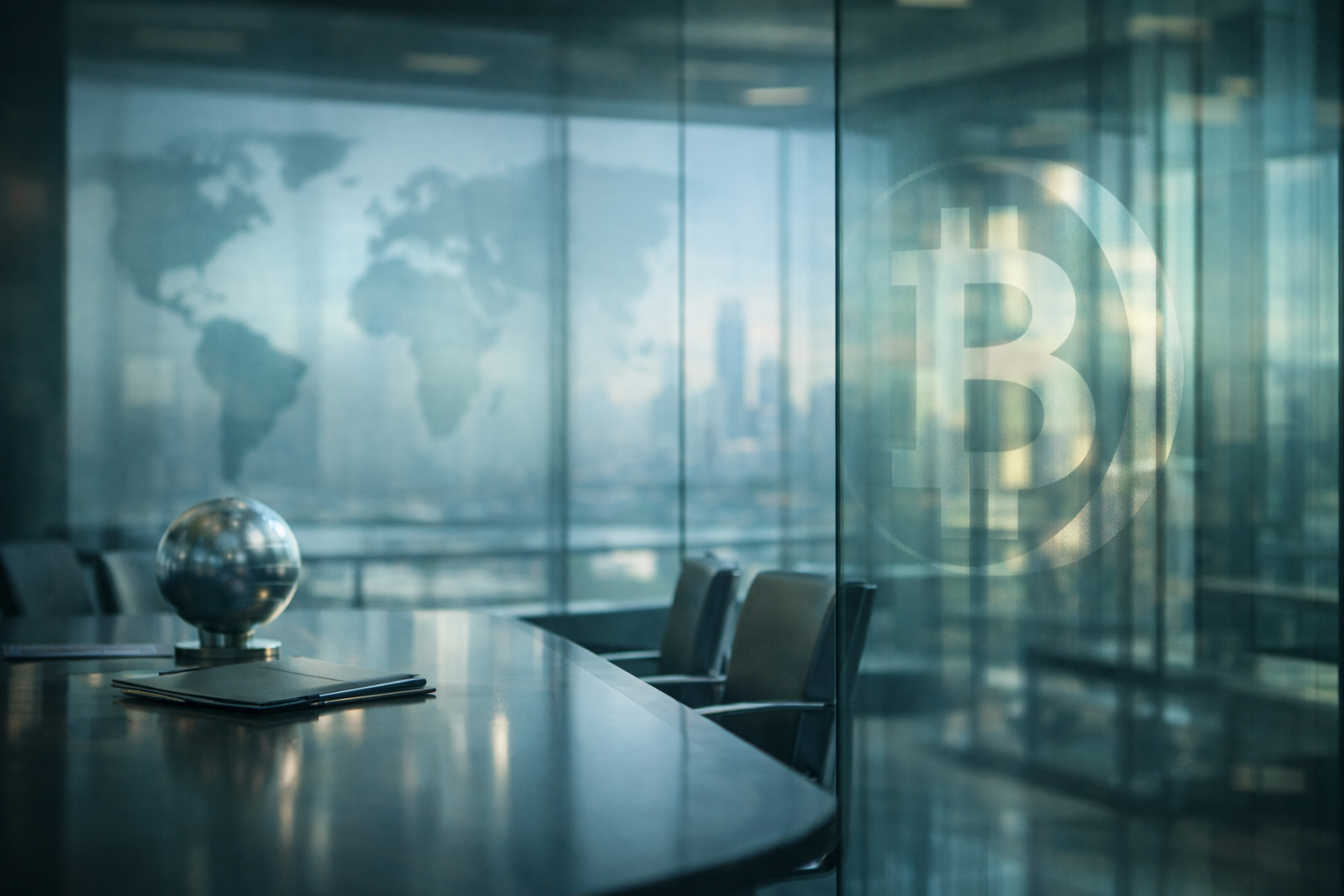 Photorealistic institutional finance setting with a subtle Bitcoin reflection and a blurred world map, symbolizing Bitcoin’s role amid global geopolitical risk.