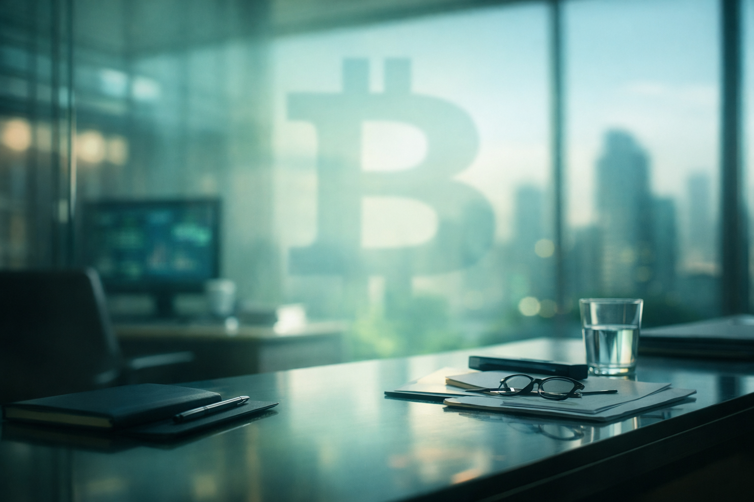 Photorealistic financial setting showing the connection between the Fed’s balance sheet and Bitcoin through a calm, institutional macro environment.