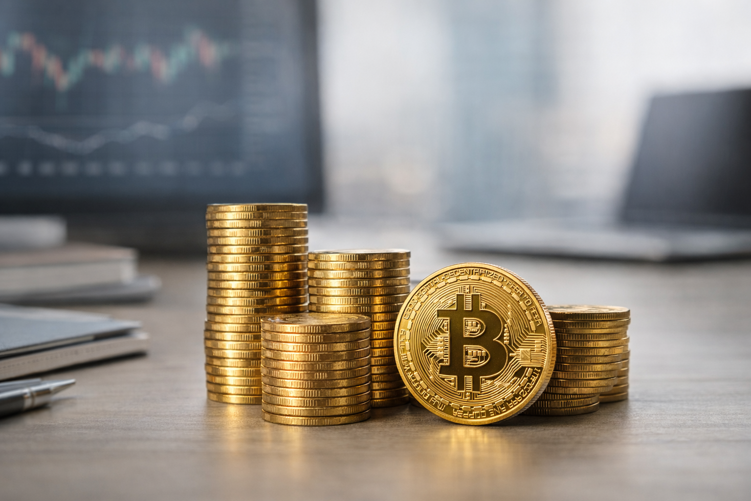 Real physical Bitcoin coins stacked on a minimalist financial desk, symbolizing a quiet Bitcoin rally driven by institutional strength.
