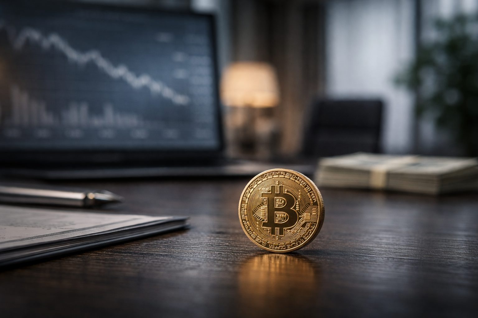 A small physical Bitcoin coin placed on a dark wooden desk inside a modern office, with blurred financial charts and U.S. dollar elements in the background.