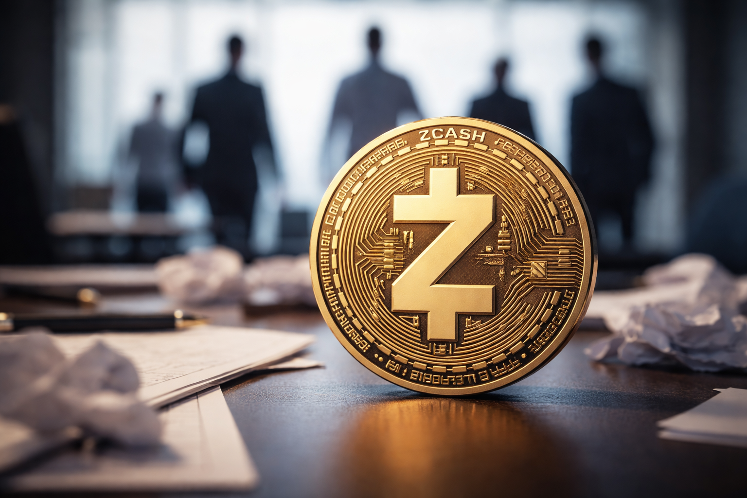 A physical Zcash coin symbolizing the project as its core development team resigns, highlighting governance uncertainty in the Zcash ecosystem.